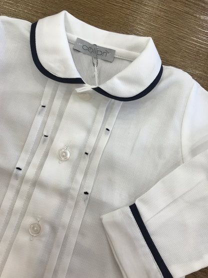 Camicia Colibrì bianca con colletto e polsini dal profilo blu scuro con pois in rilievo