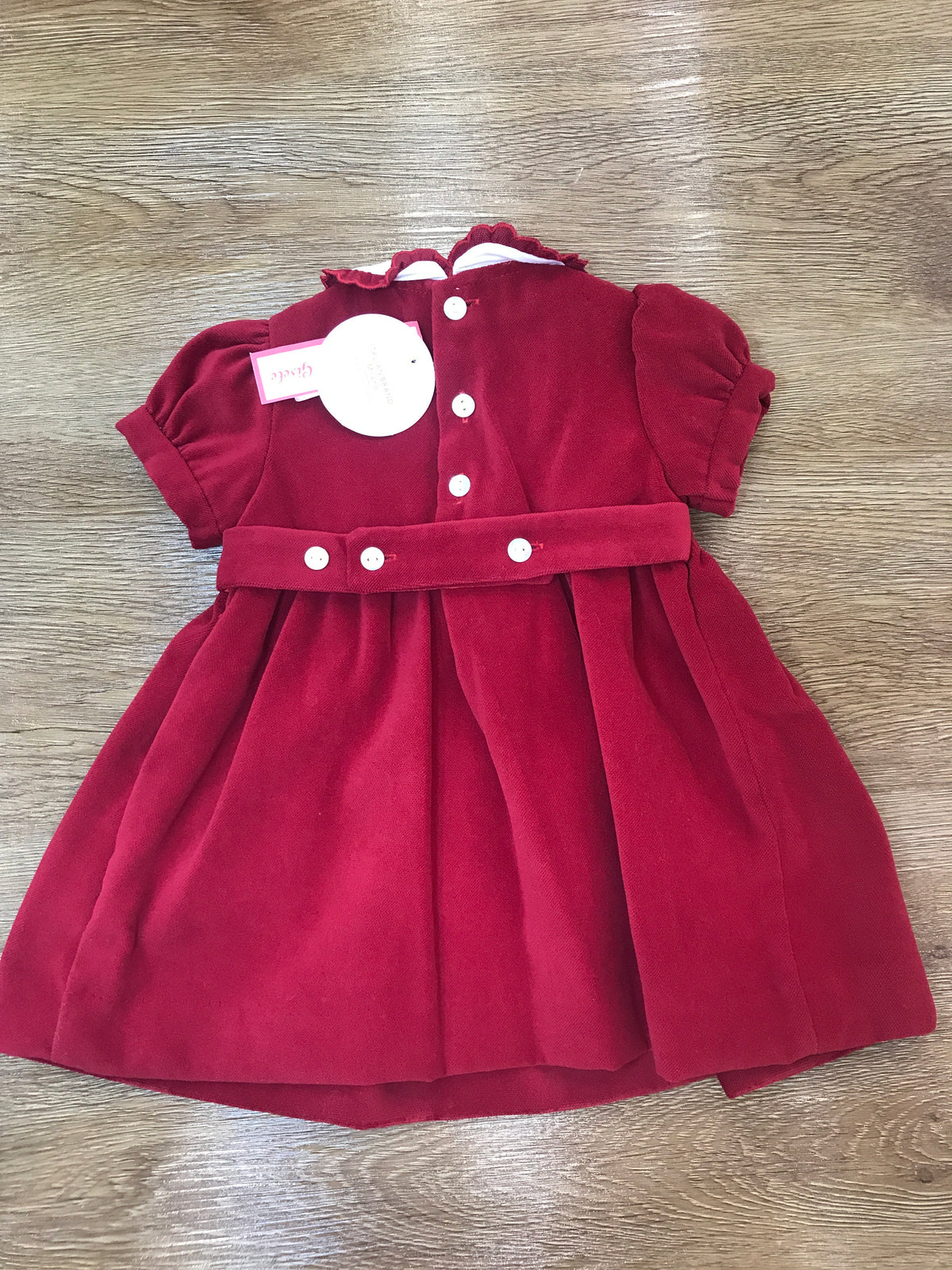 Abito Les Enfants de Gisele in velluto rosso mezza manica con punto smock e roselline ricamate