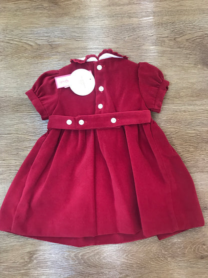 Abito Les Enfants de Gisele in velluto rosso mezza manica con punto smock e roselline ricamate