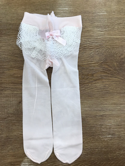 Calze Story Loris in microrete con rusche bianca e fiocchetto rosa sul retro