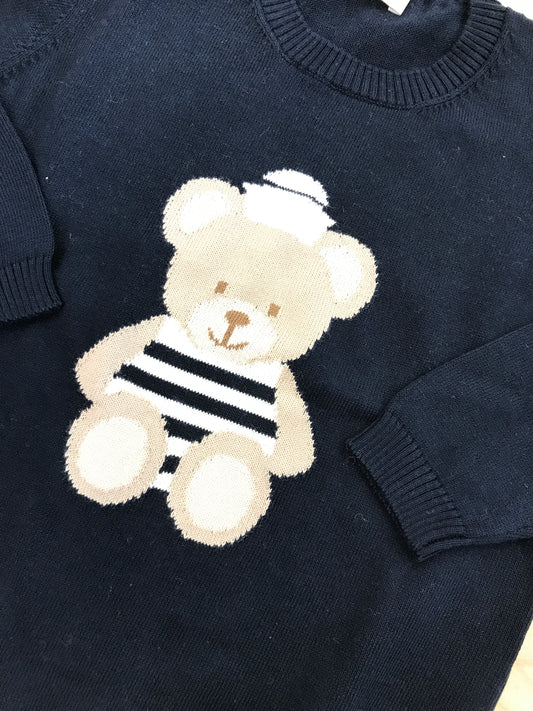 Maglione Jo Milano in filo manica lunga blu con orsetto marinaretto centrale