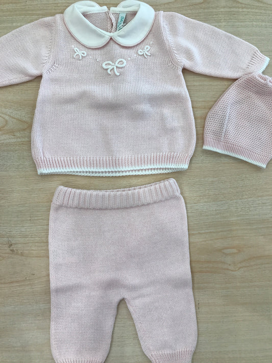Tutina Bebè di Almy in filo due pezzi manica lunga gamba lunga con piccoli fiocchetti in rilievo bianchi
