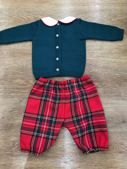 Completo Baby Lord in lana due pezzi verde scuro con cavallo a dondolo e bermuda scozzese