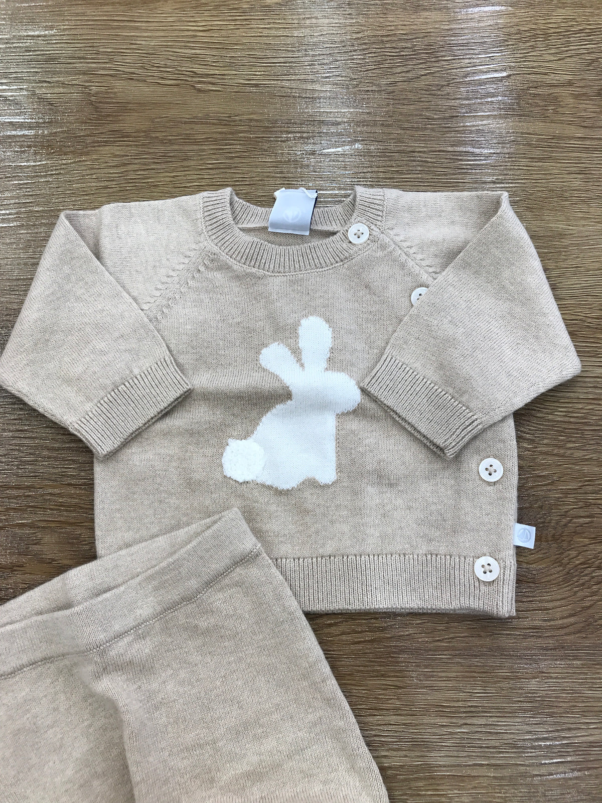 Tutina Petit Bateau due pezzi in lana tortora con coniglietto e bottoni trasversali