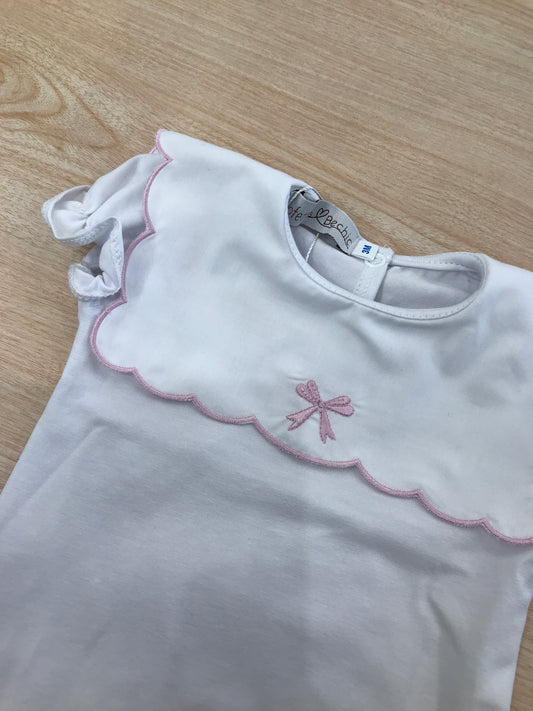 T-Shirt Fofettes in cotone mezza manica a sbuffo con collo rifinito in rosa smerlato con fiocchetto centrale rosa