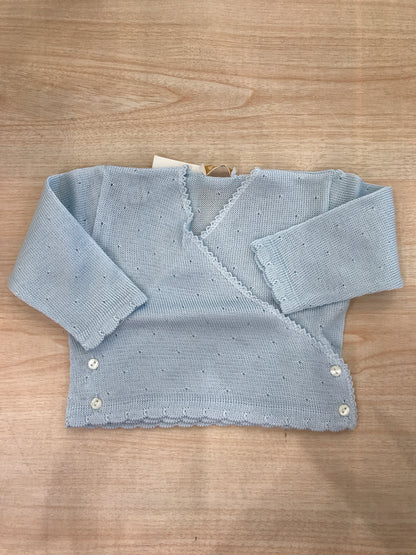 Cardigan Baby Lord in filo celeste ad incrocio bucherellato