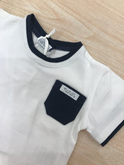 T-shirt Nanan mezza manica in cotone bianca con rifiniture in blu scuro