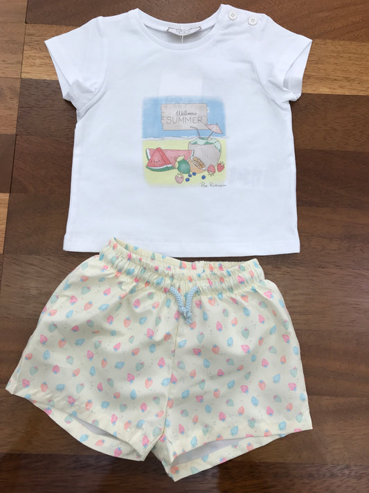 T-shirt e Costume Paz Rodriguez in cotone mezza manica con disegno estivo al centro costume giallo con fragoline colorate