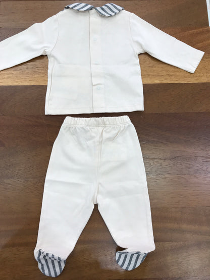 Tutina Nanan due pezzi in cotone beige con piedini a righe e colletto con papillon e finte bretelle