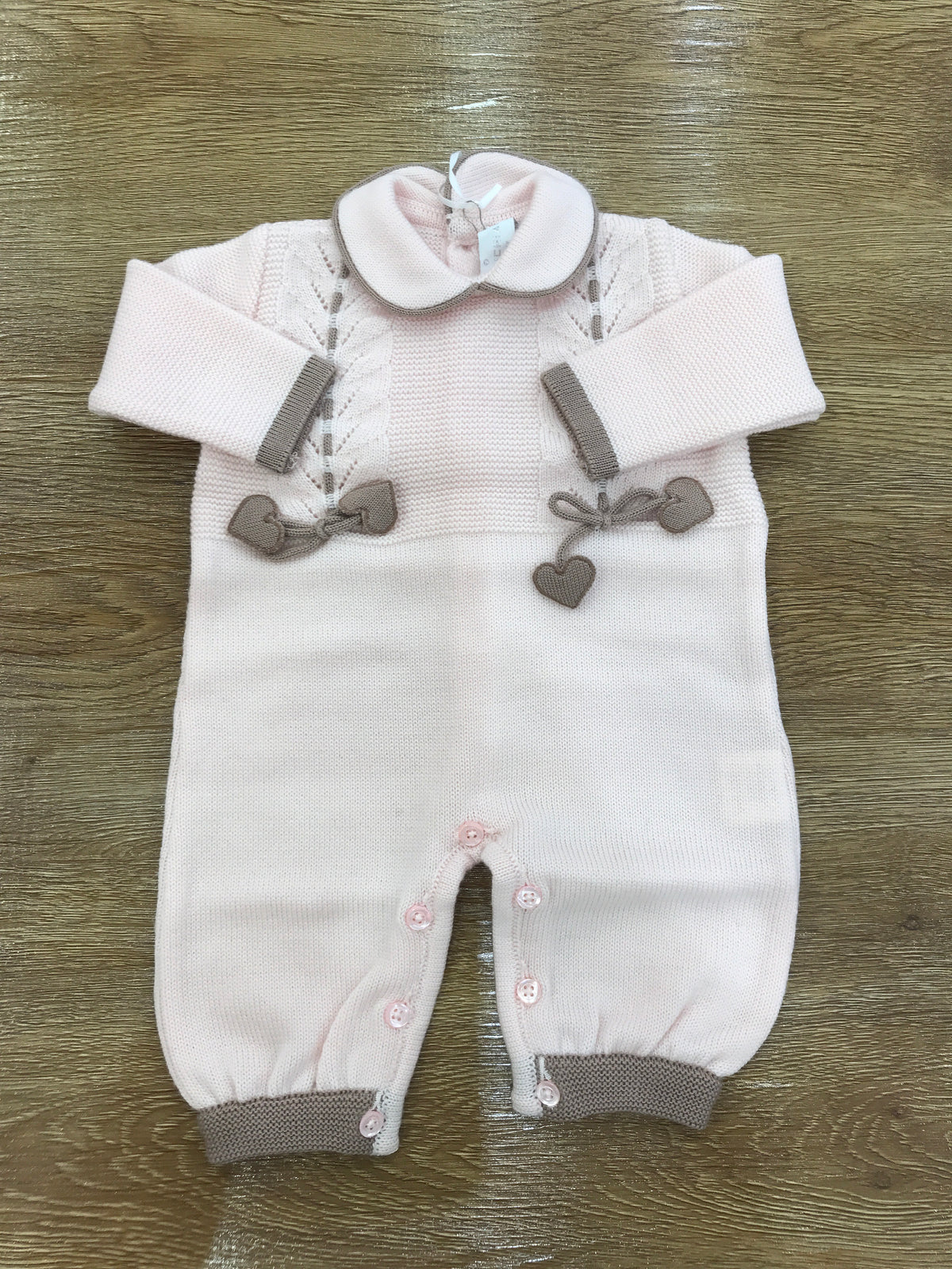Tutina Colori Chiari in lana intera rosa con cuori tortora