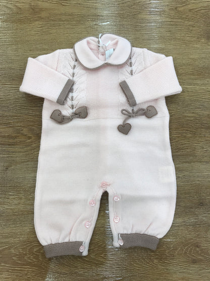 Tutina Colori Chiari in lana intera rosa con cuori tortora