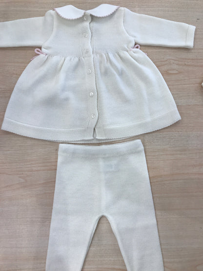 Tutina Baby Lord in lana due pezzi panna con roselline ricamate a mano rosa con colletto rifinito rosa