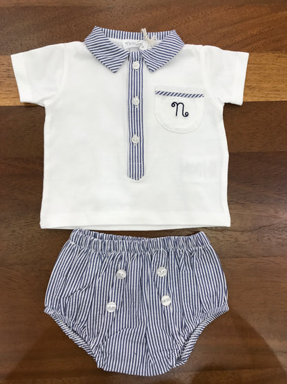 Completo Nanan due pezzi culotte a righe bianche e blu con bottoncini con t-shirt bianca mezza manica con collo blu a righe