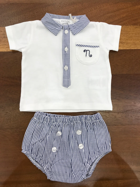 Completo Nanan due pezzi culotte a righe bianche e blu con bottoncini con t-shirt bianca mezza manica con collo blu a righe