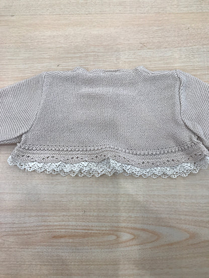 Cardigan Paz Rodriguez in filo tortora con rusche bianche in pizzo