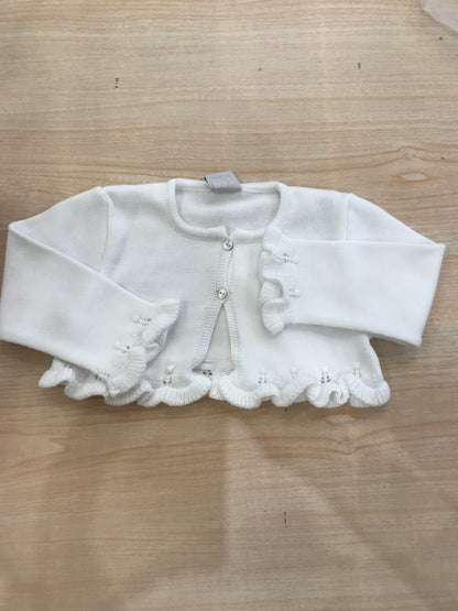 Cardigan Paz Rodriguez in filo bianco con rusche ai bordi e pois in rilievo tono su tono con due piccoli bottoncini