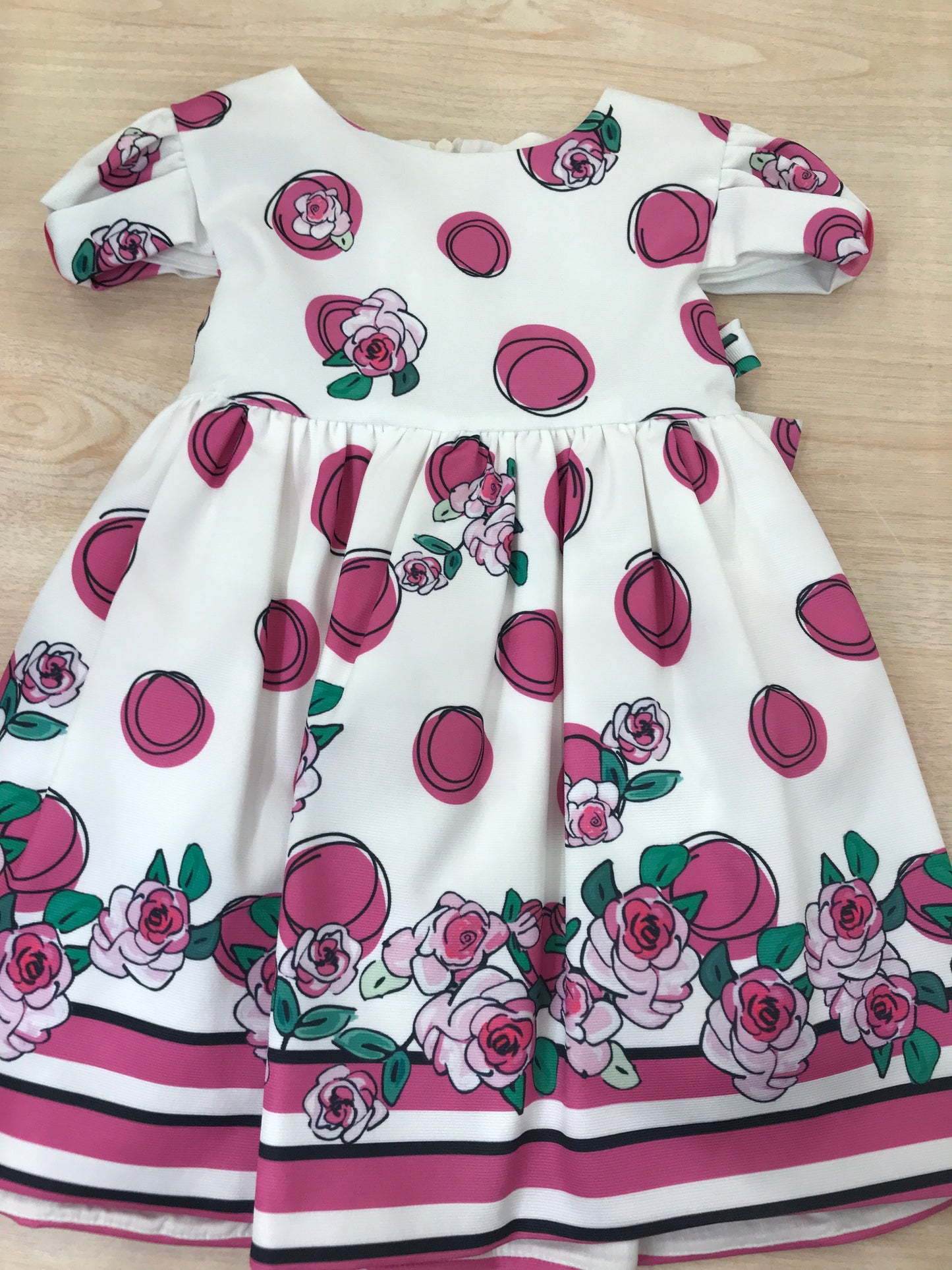 Abito Byblos in cotone mezza manica a sbuffo con gonna ampia con pois rose e righe