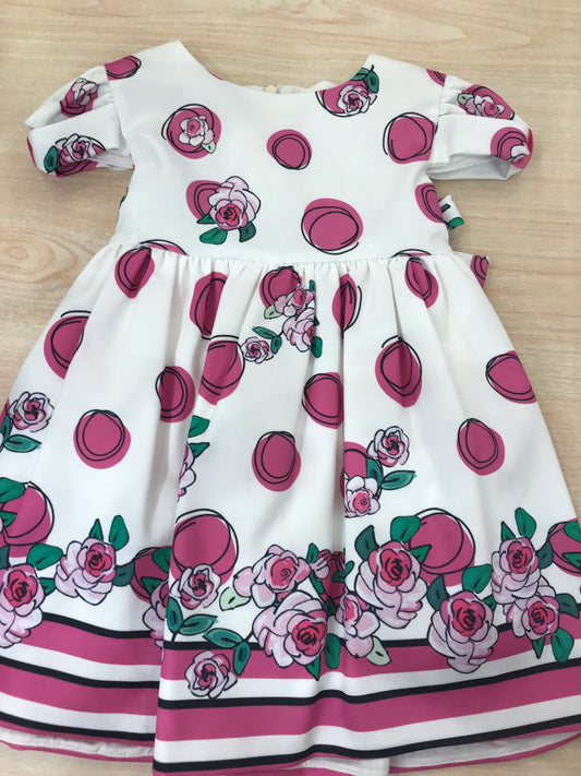 Abito Byblos in cotone mezza manica a sbuffo con gonna ampia con pois rose e righe