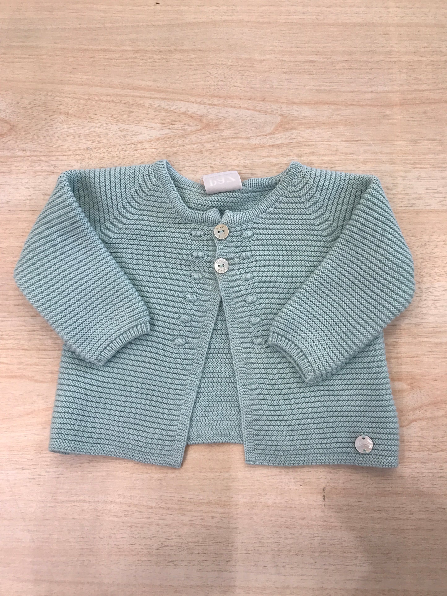 Cardigan Paz Rodriguez in filo verde manica lunga con due bottoncini e pois ricamati lateralmente alla chiusura