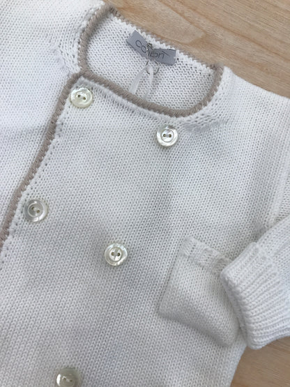 Cardigan Colibrì in filo di cotone manica lunga bianco doppio petto con profilo tortora e taschino laterale