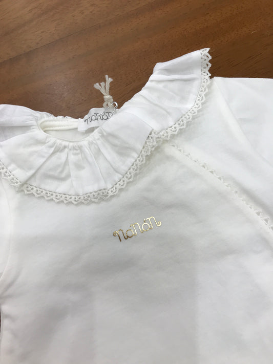 Tutina Nanan in cotone manica lunga con piedini collo con rusche bianca