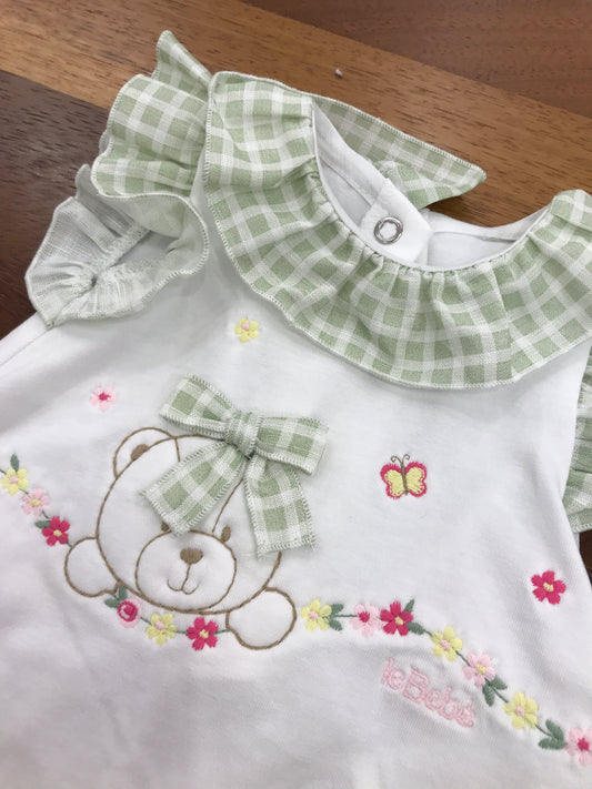Pagliaccetto Le Bebè in cotone con rusche smanicato collo con rusche bianco a quadretti con orsetto e fiori ricamati