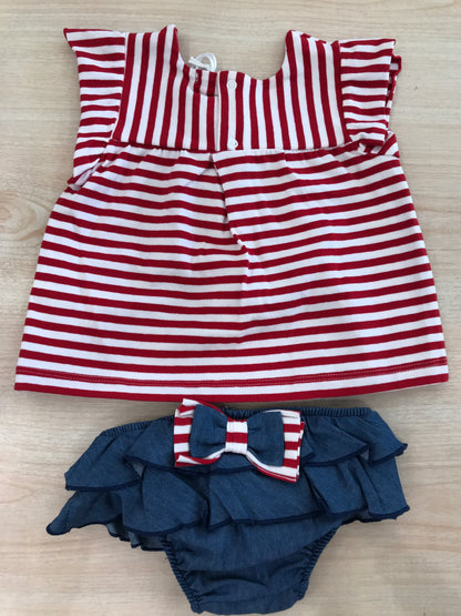 Completo Nanan t-shirt smanicata a righe rosse e bianche con culotte con rusche blu con fiocco sul retro