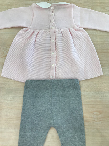 Tutina Baby Lord in filo duepezzi rosa e grigio con fiocco centrale in grigio