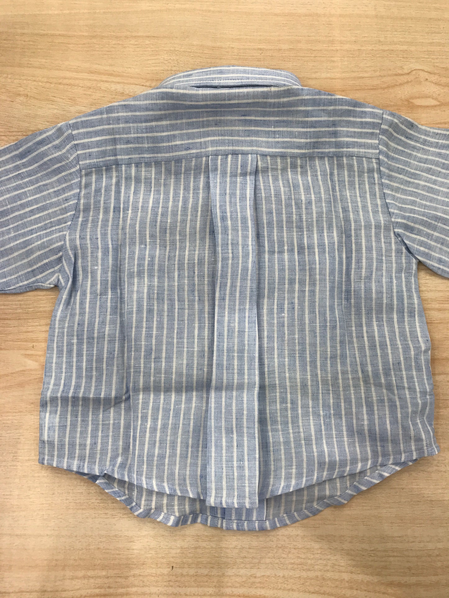 Camicia Duepunti in lino celeste con righe bianche manica lunga con colletto a punta