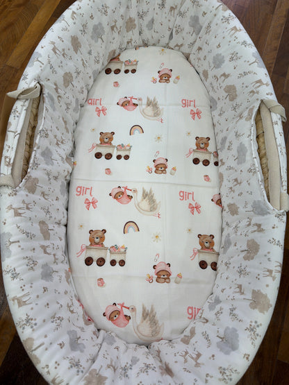 Mussola Nannafrufrù in cotone di bamboo fondo panna con piccoli animaletti e decori rosa