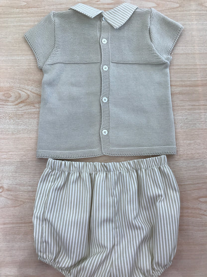 Completo PCS in filo beige due pezzi mezza manica colletto a righe con pois ricamati sul davanti culotte a righe abbinata