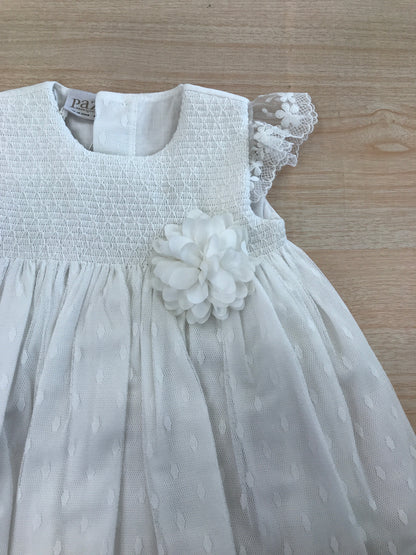 Abito Paz Rodriguez in cotone smanicato con rusche con rifinitura in tulle e fiore sul davanti laterale