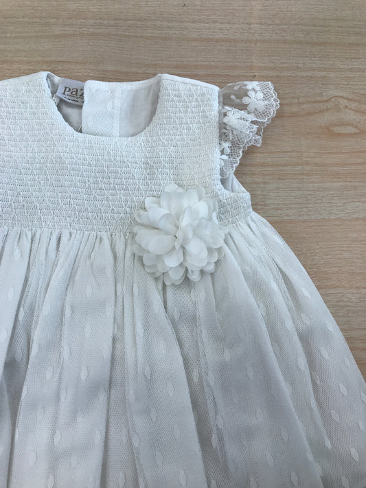 Abito Paz Rodriguez in cotone smanicato con rusche con rifinitura in tulle e fiore sul davanti laterale