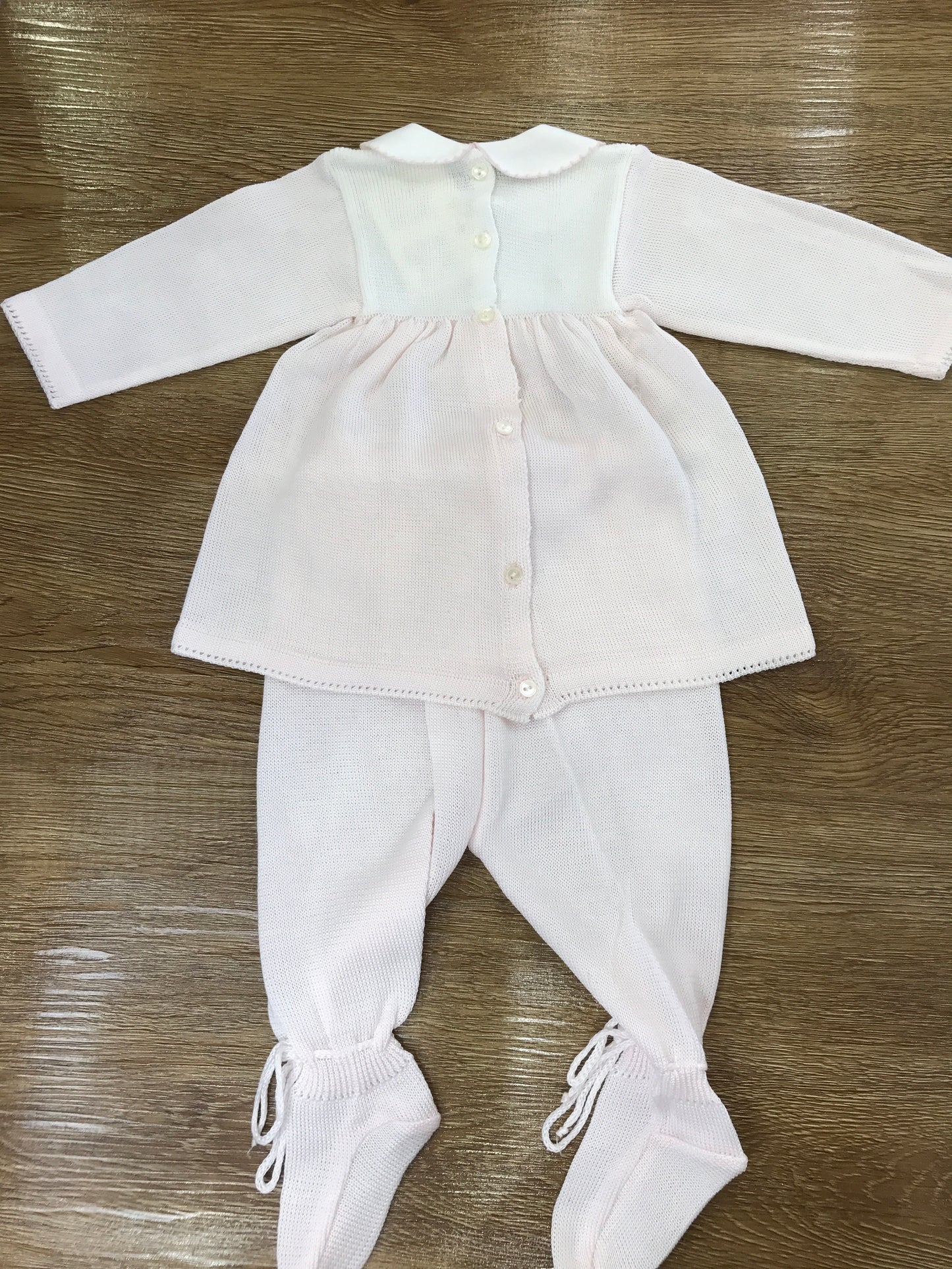 Tutina Baby Lord in filo due pezzi rosa con roselline ricamate