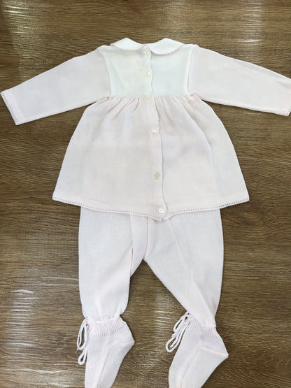 Tutina Baby Lord in filo due pezzi rosa con roselline ricamate