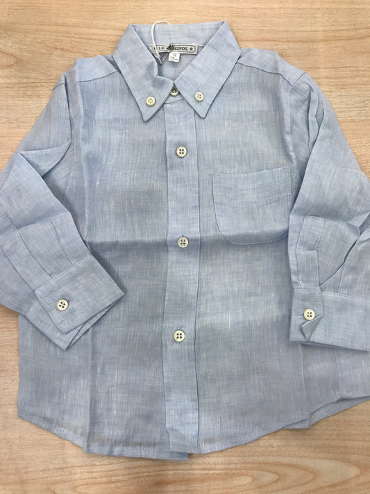 Camicia Le Guignol in lino celeste manica lunga con bottoncini e taschino laterale
