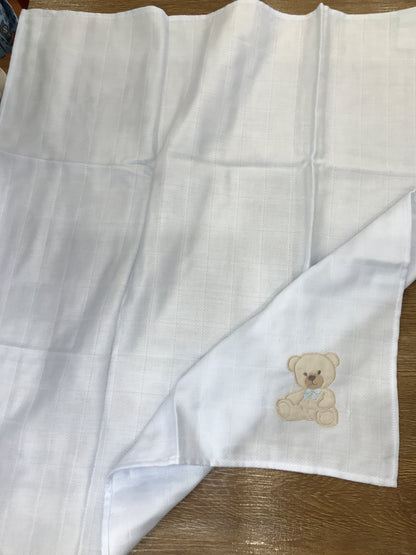 Mussola Baby Gi in garza celeste con orsetto con fiocchetto celeste