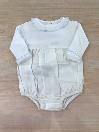 Body Laranjinha in cotone manica lunga con rusche al polsino con colletto con rusche rifinita in celeste