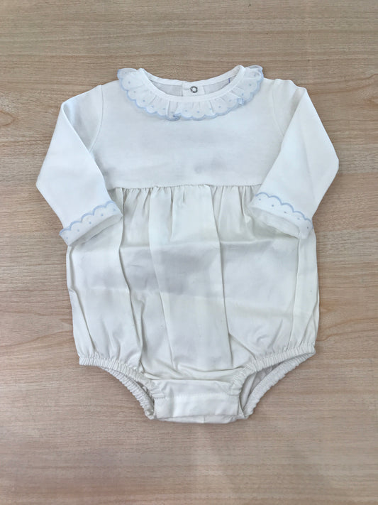 Body Laranjinha in cotone manica lunga con rusche al polsino con colletto con rusche rifinita in celeste