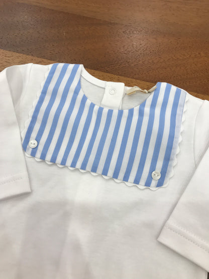 Tutina Baby Gi intera gamba lunga con piedini a righe bianchi e celesti manica lunga con collo finto bavettone a righe