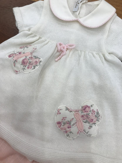 Completo Baby Lord in filo panna due pezzi mezza manica con farfalle e culotte in lino rosa