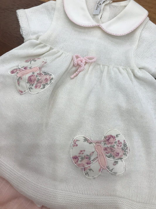 Completo Baby Lord in filo panna due pezzi mezza manica con farfalle e culotte in lino rosa