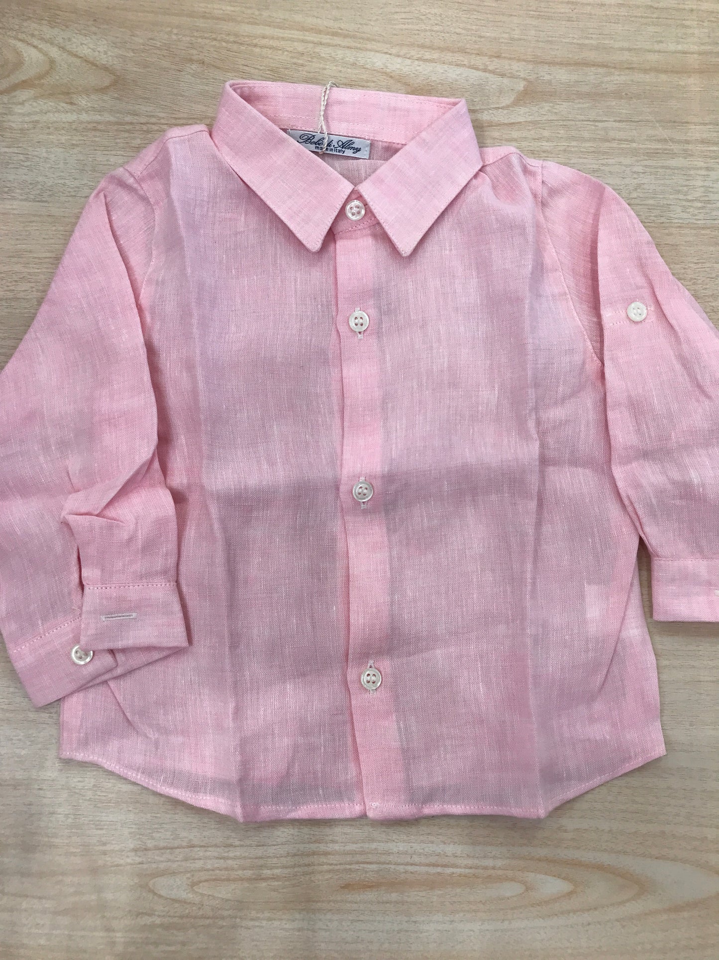 Camicia Bebè di Almy in lino manica lunga con colletto a punta con bottoncini sul davanti