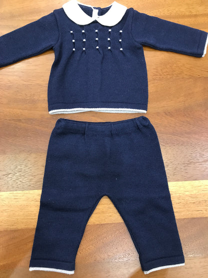 Tutina Baby Lord in lana due pezzi blu con punto smock grigio