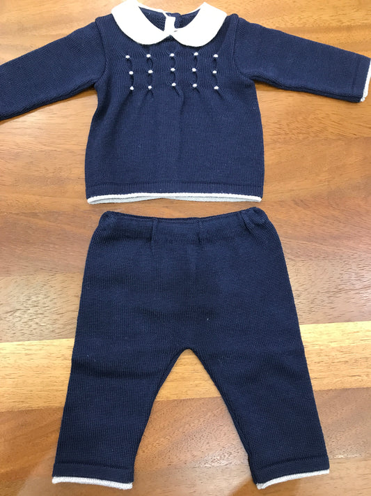 Tutina Baby Lord in lana due pezzi blu con punto smock grigio