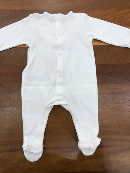 Tutina Paz Rodriguez in cotone rosa manica lunga con piedini collo in lino bianco con rusche con fiori bianchi e rosa