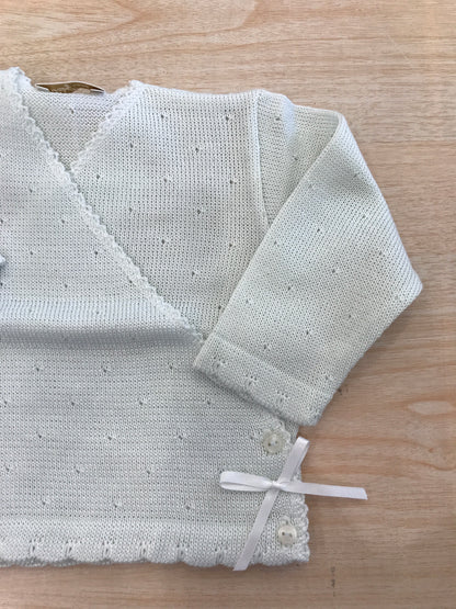 Cardigan Baby Lord in filo ad incrocio celeste chiaro traforato con fiocchetti