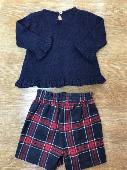 Completo Jo Milano mglioncino in lana con orsetto e pantalone corto scozzese