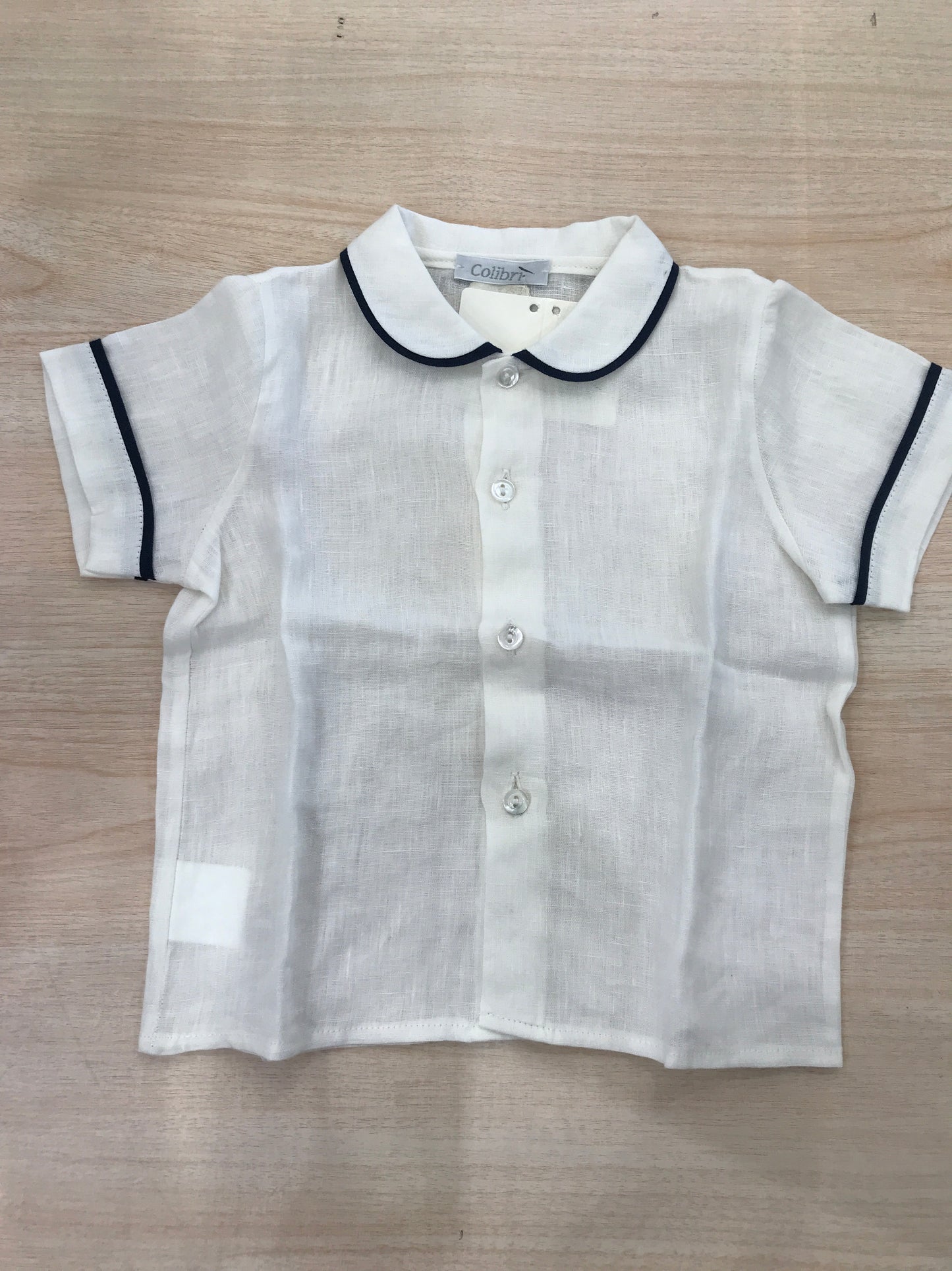 Camicia Colibrì in lino mezza manica con profilo blu scuro anche al colletto
