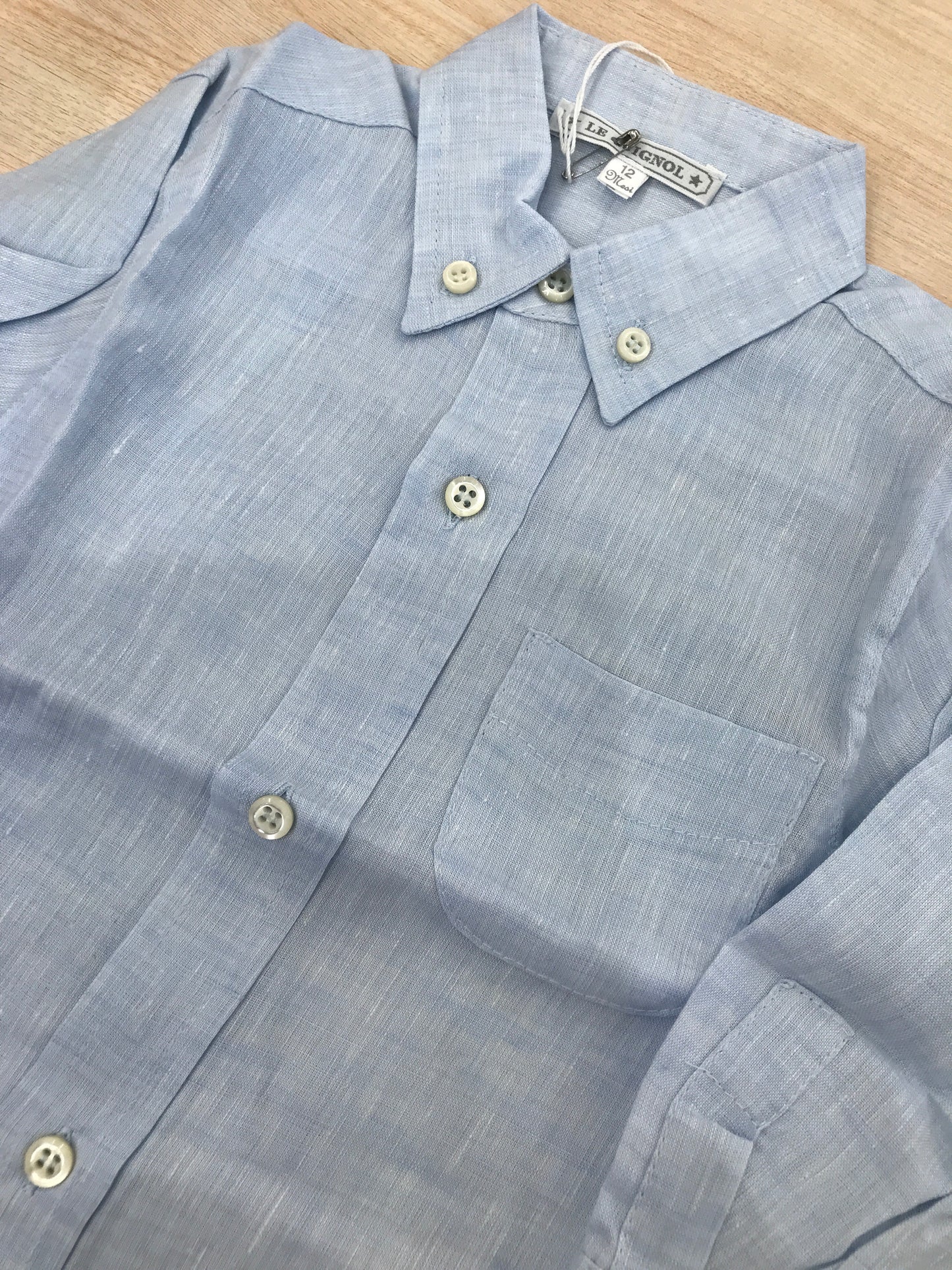 Camicia Le Guignol in lino celeste manica lunga con bottoncini e taschino laterale
